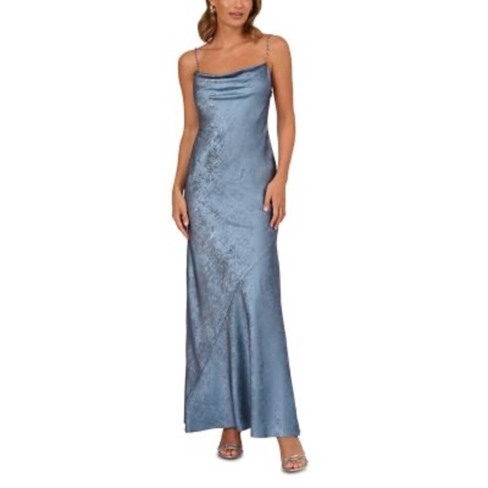 Adrianna Papell Foiled Chiffon Gown Blue 12 NWT Cowl Chain Strap